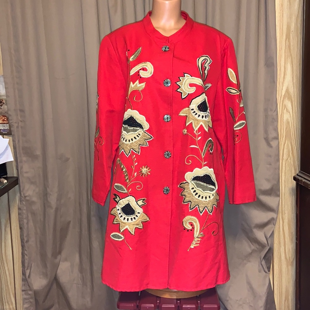 Alex Kim long jacket appliqué flowers all over India made cotton full lining 1X